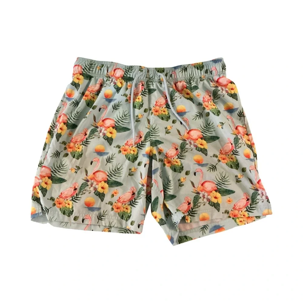 George Mens Flamingo Tropical Print Swim Trunks‎ Blue Floral Mesh Liner Large